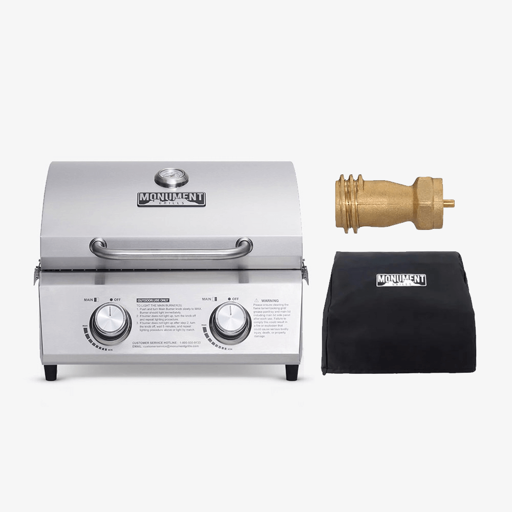 13742 | Stainless Tabletop Propane Gas Grill – 13742 & Cover & 1 LB Tank Adapter
