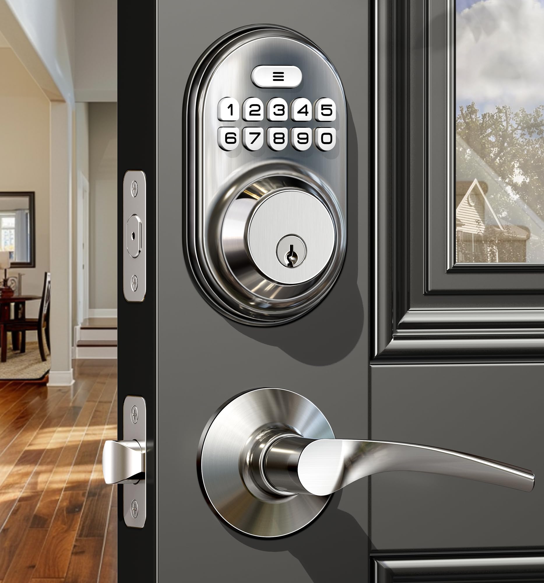 Veise RZ-C Keyless Entry Door Lock with 2 Lever Handles – Satin Nickel