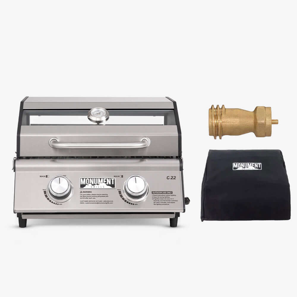 G22 | Stainless Tabletop Propane Gas Grill – G22 & Grill Cover & 1 LB Tank Adapter