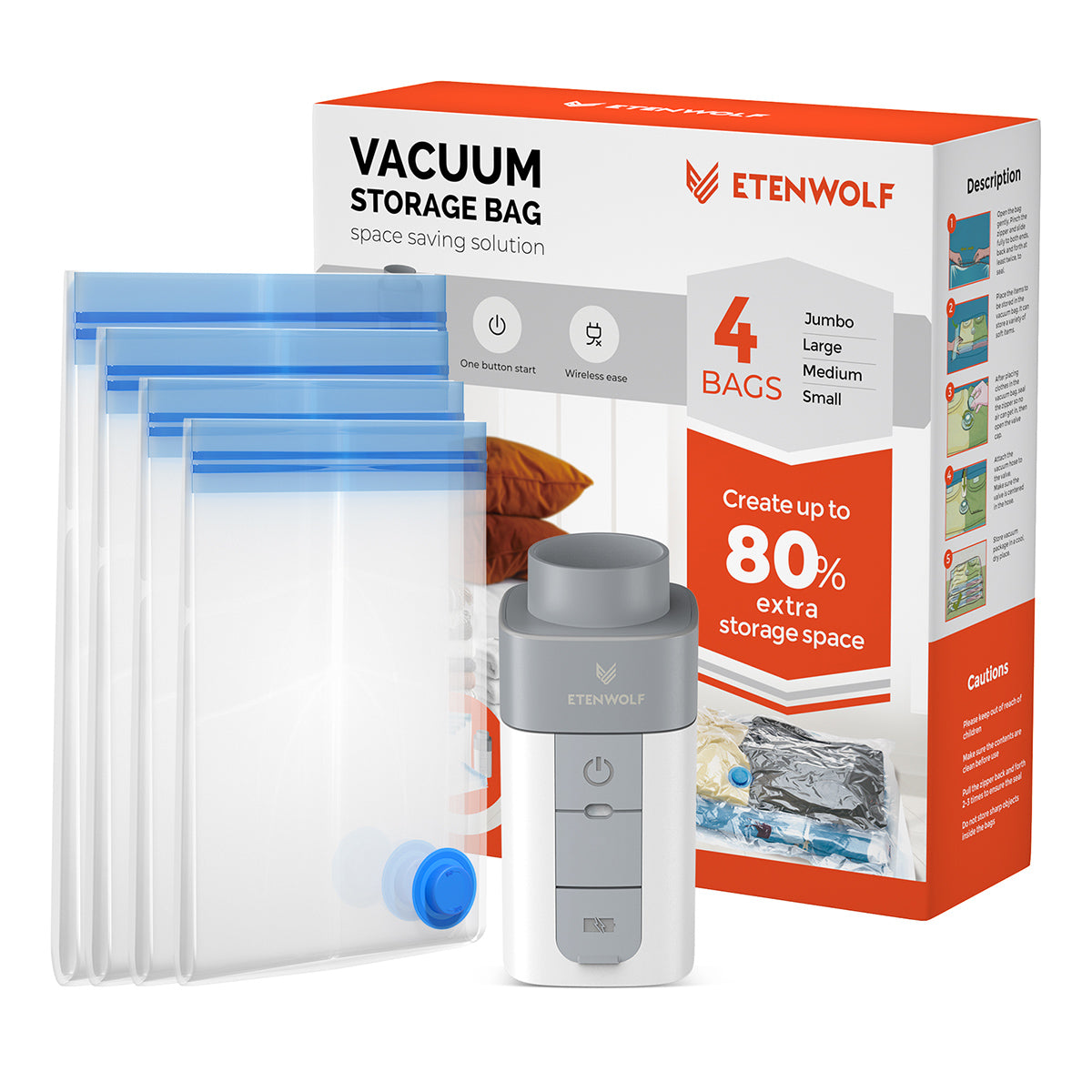 ETENWOLF Vacuum Storage Bags with Rechargeable Wireless Pump (1500mAh) – 4 Pack+Wireless Pump