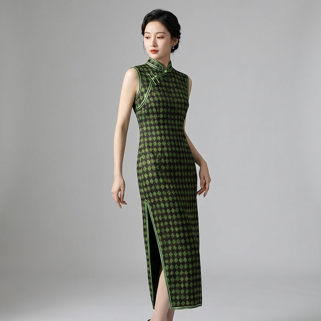 Green Xiangyunsha Mulberry Silk Qipao | Diamond Pattern Modern Cheongsam Dress