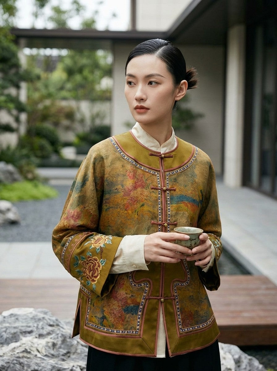 Yellow 100% Mulberry Silk Printed Frog Button Magpie Jacket | Modern Chinese Embroidered Silk Top