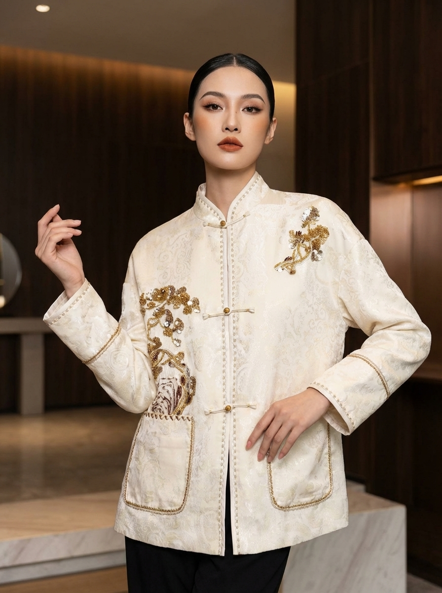 White Beaded Pine Embroidered Tang Jacket | Modern Chinese Style