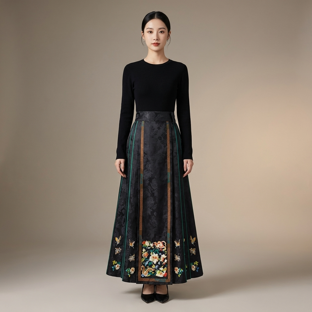 Black Peony Butterfly Embroidered Jacquard Ma Mian Qun Skirt | Modern Chinese Horse Face Dress