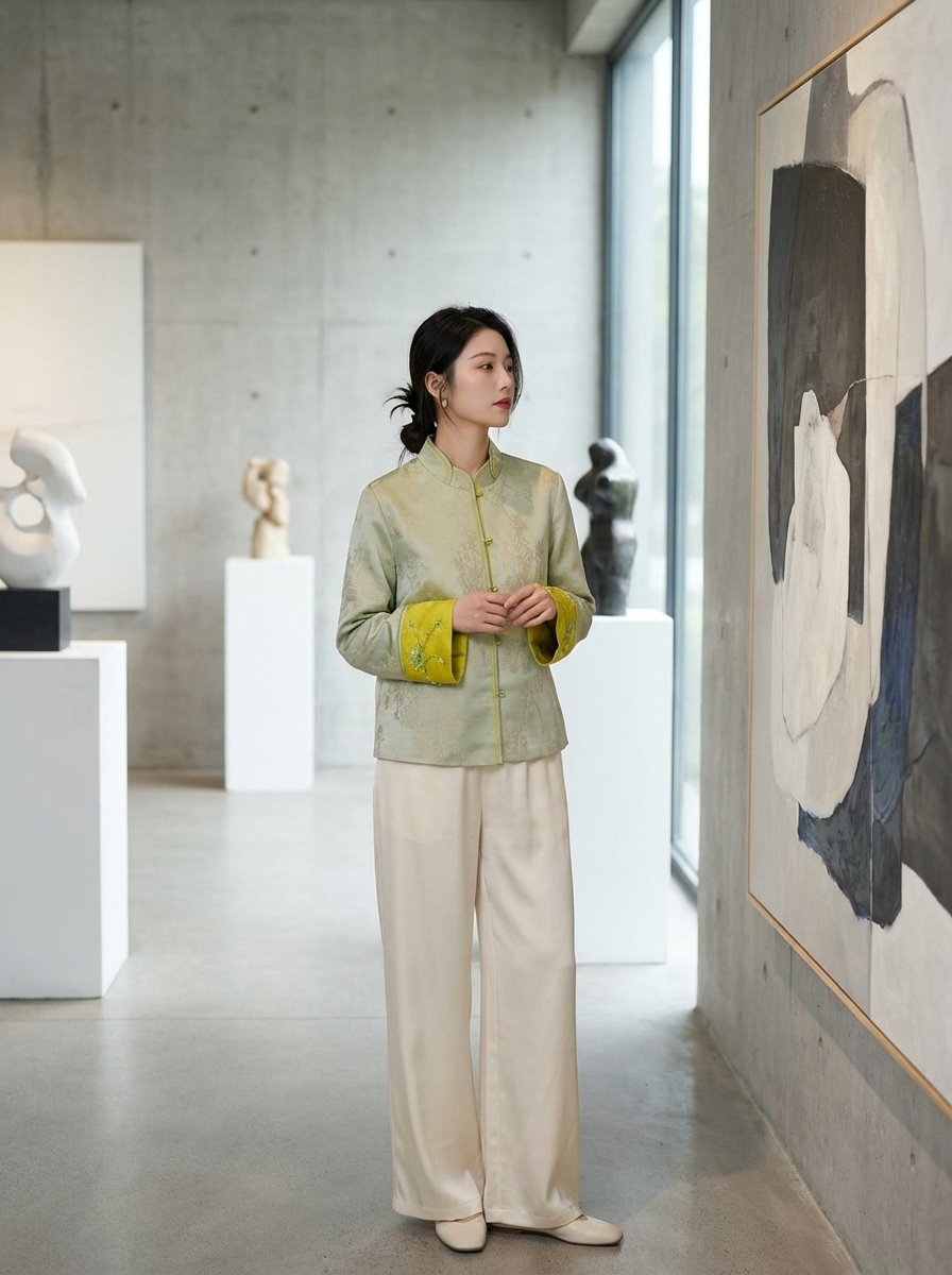 Green Mulberry Silk Embroidered Jacket with Beaded Cuff | Modern Chinese Style