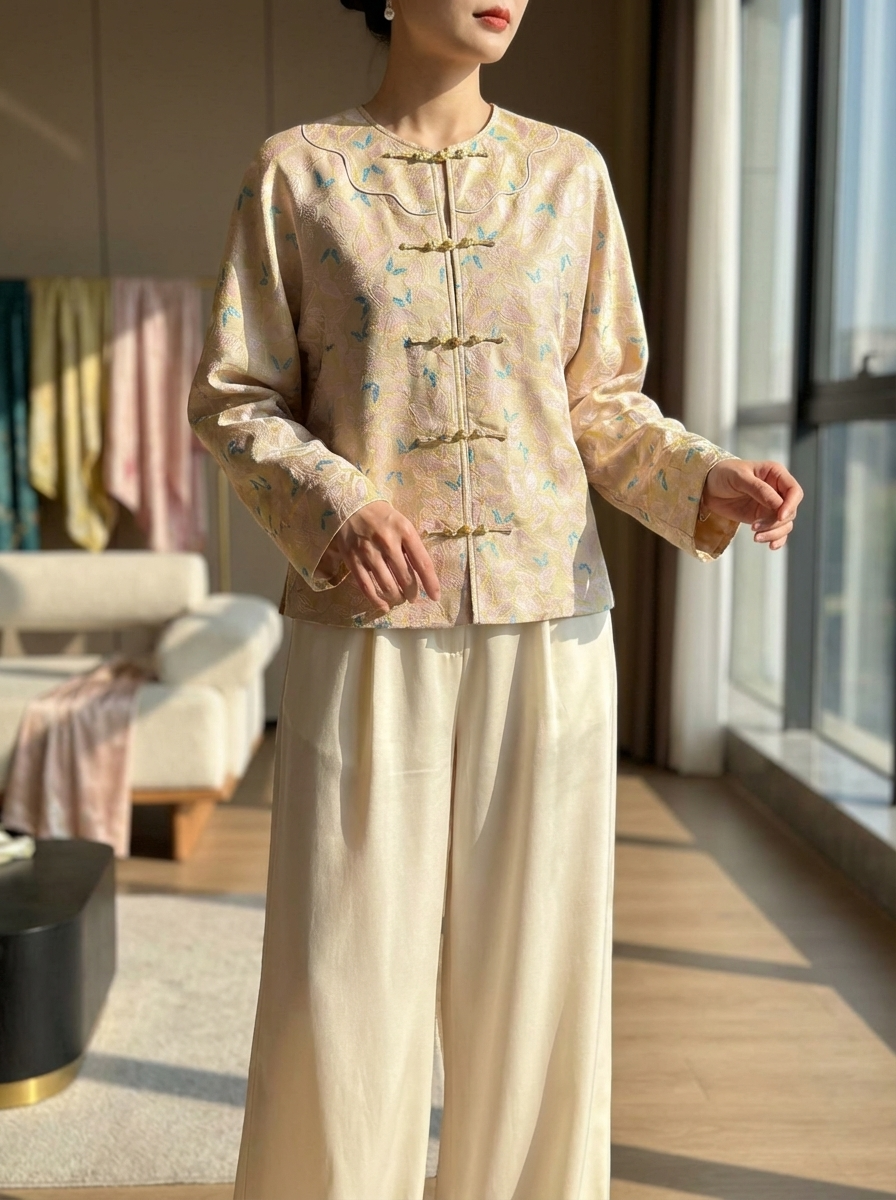 Pink Butterfly Song Brocade Mulberry Silk BeigeJacket | Modern Chinese Frog Button Coat