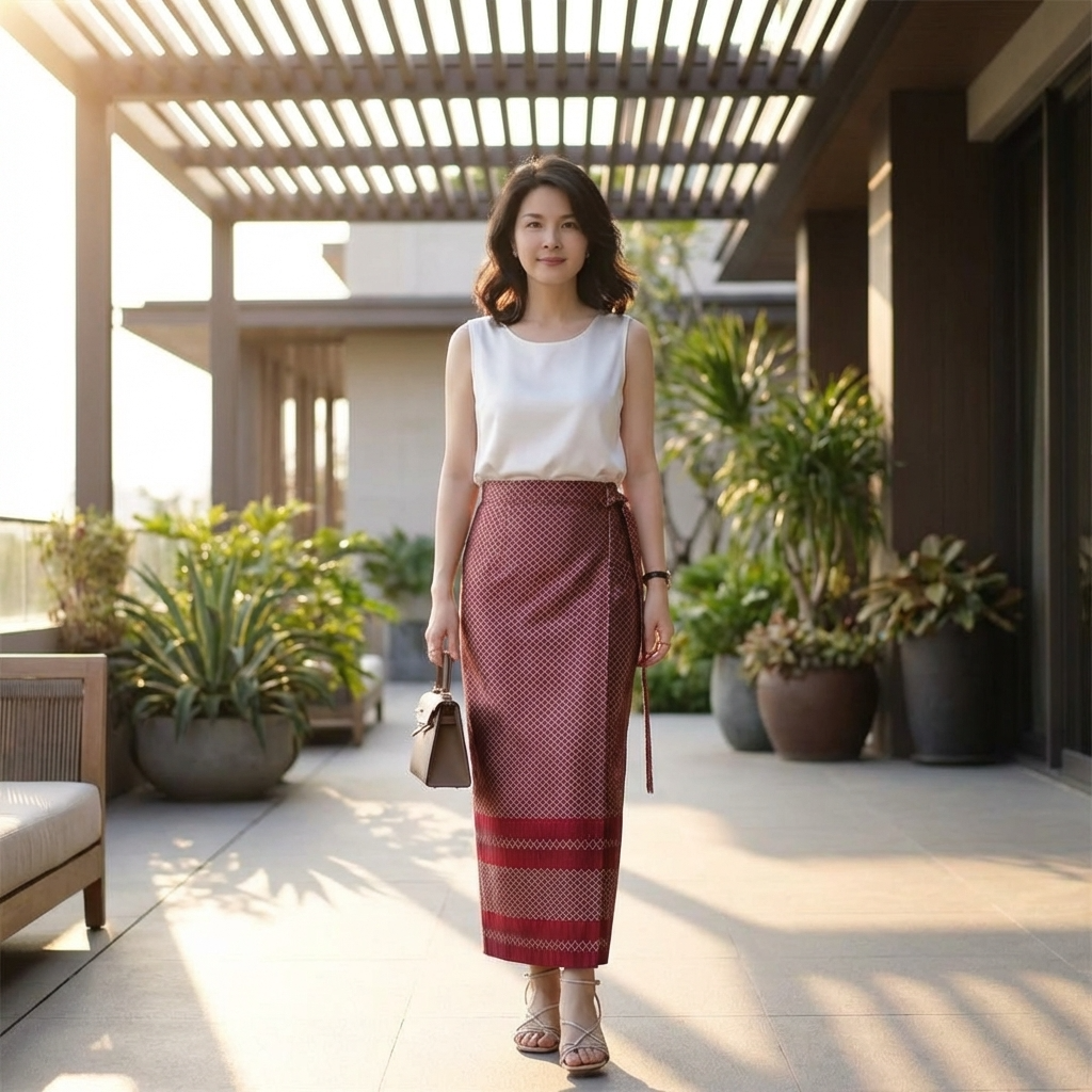 Red Geometric Jacquard Side-Tied Modern Mamian Skirt | Chinese Traditional Xiangyunsha Dress