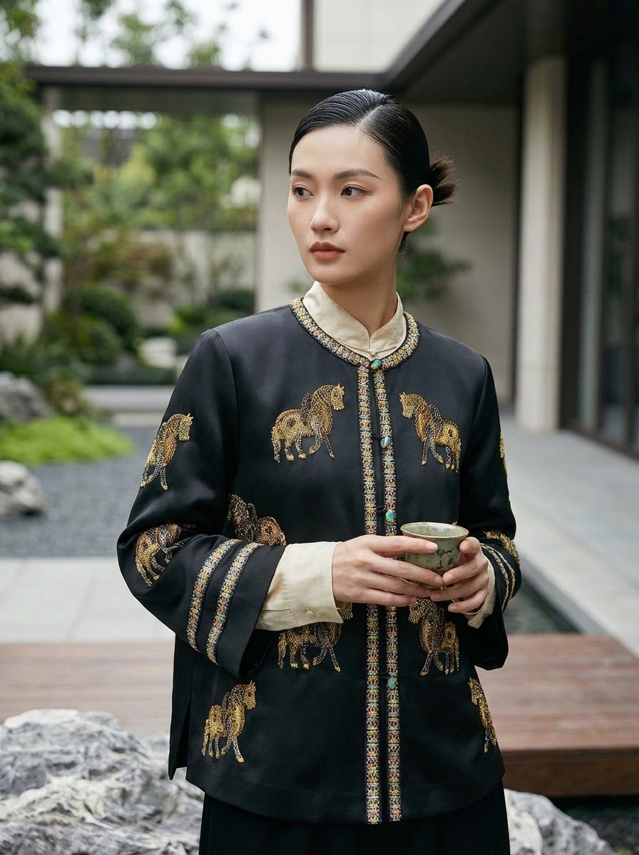 Golden Horse Embroidered Oriental Top | Modern Chinese Silk Blouse with Geometric Trim