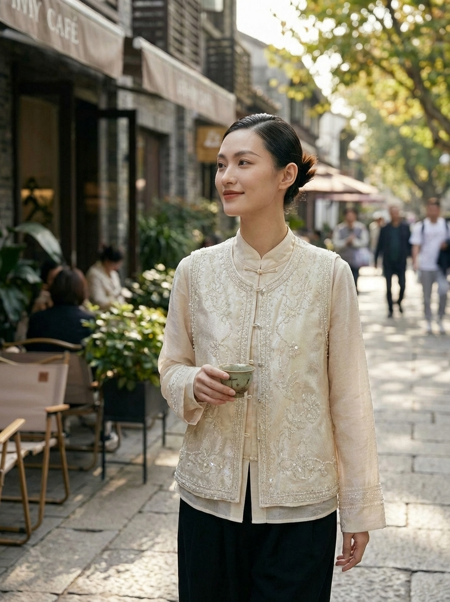 White Beaded Sequin Embroidered Vest & Satin Shirt Set | Modern Chinese Elegance