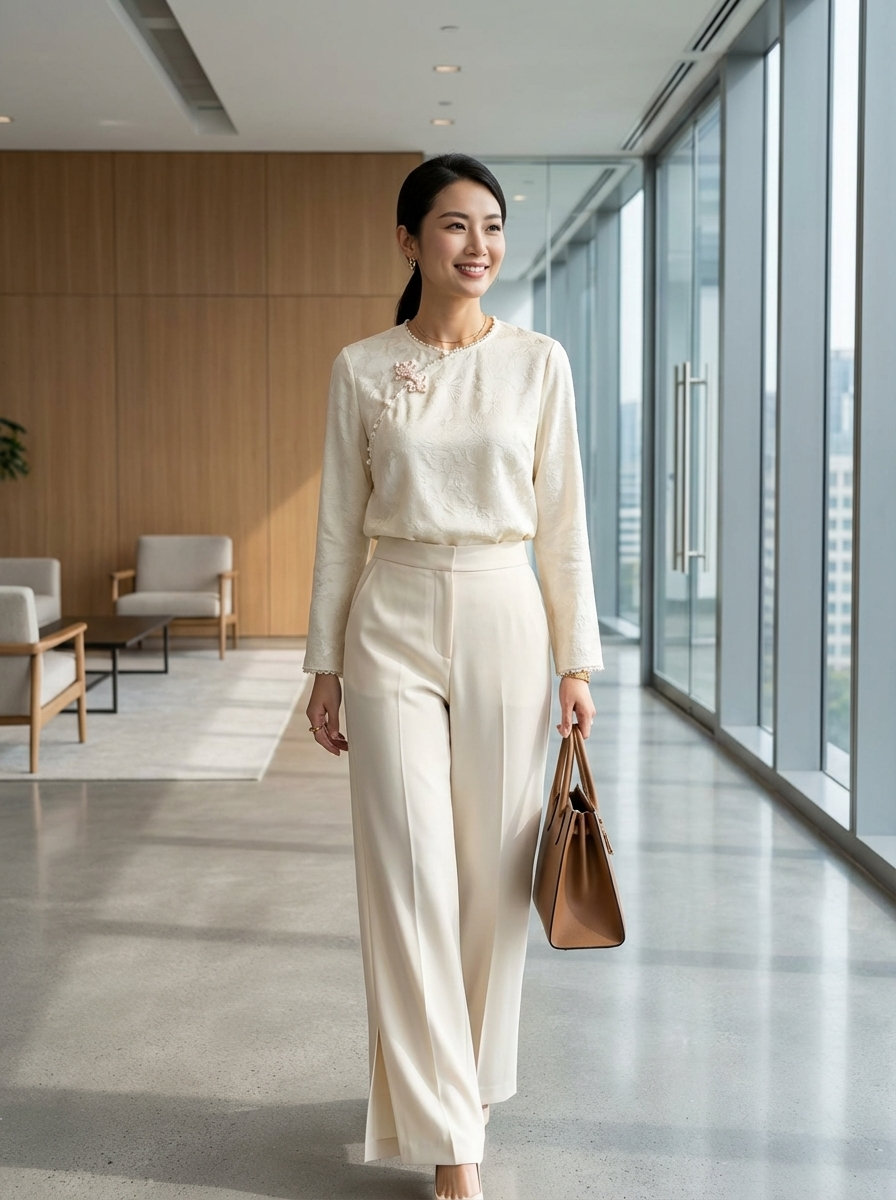 Apricot Beaded Jacquard Chinese Blouse | Modern Oriental Wrap Top