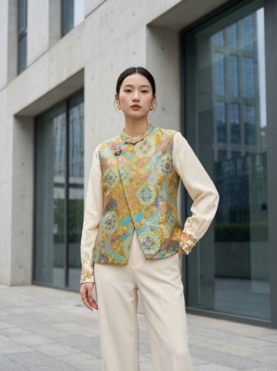 Golden Enamel Jacquard Phoenix Silk Vest – Luxury Phoenix Chinese Waistcoat
