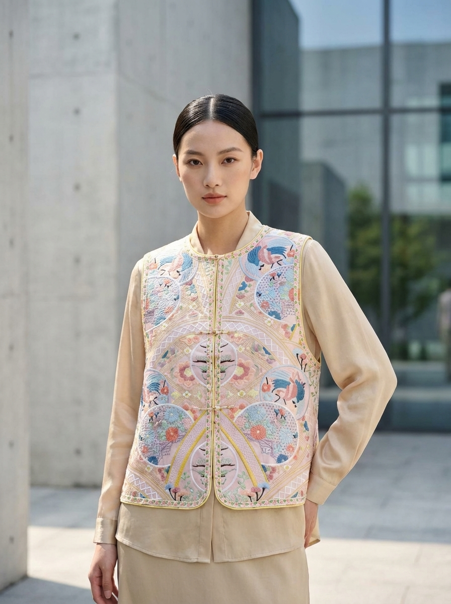 Pink Full Embroidered Chinese Magpie Vest | Roundel Embroidery Oriental Waistcoat with Magpie &Auspicious Cloud Embroidery