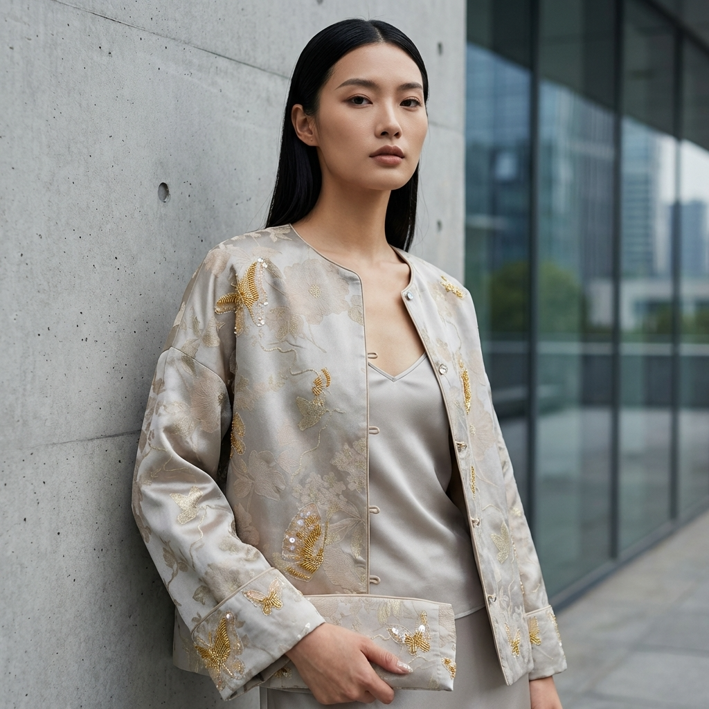 Grey Butterfly Beaded Mulberry Silk Jacket | Modern Chinese Embroidered Luxury