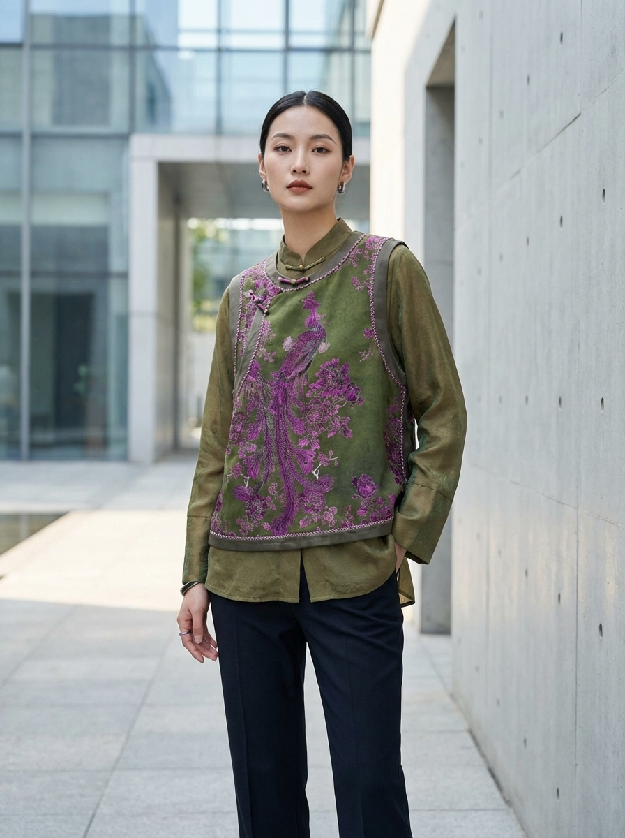 Purple Phoenix Embroidered Chinese Vest – Luxury Phoenix Chinese Waistcoat with Knot Buttons