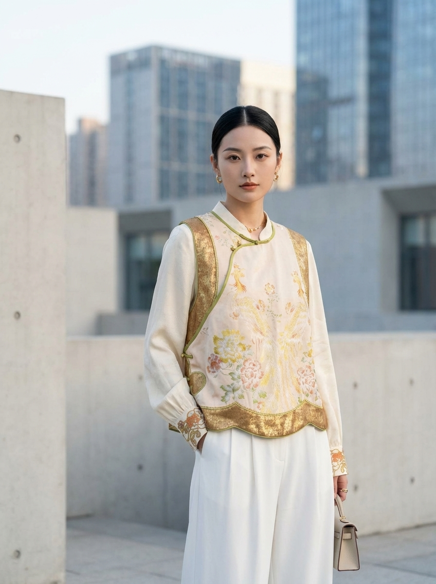 Beige Phoenix Gold Jacquard Embroidered Vest – Modern Chinese Style Waistcoat | LUXE ORIENTA