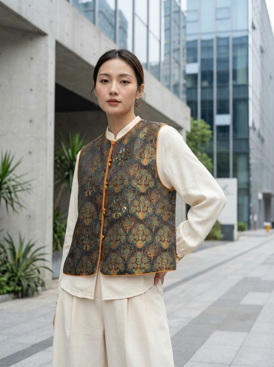 Yellow Peacock Embroidered Beaded Vest – Luxury Chinese Vest for Women | Modern Chinese Fashion