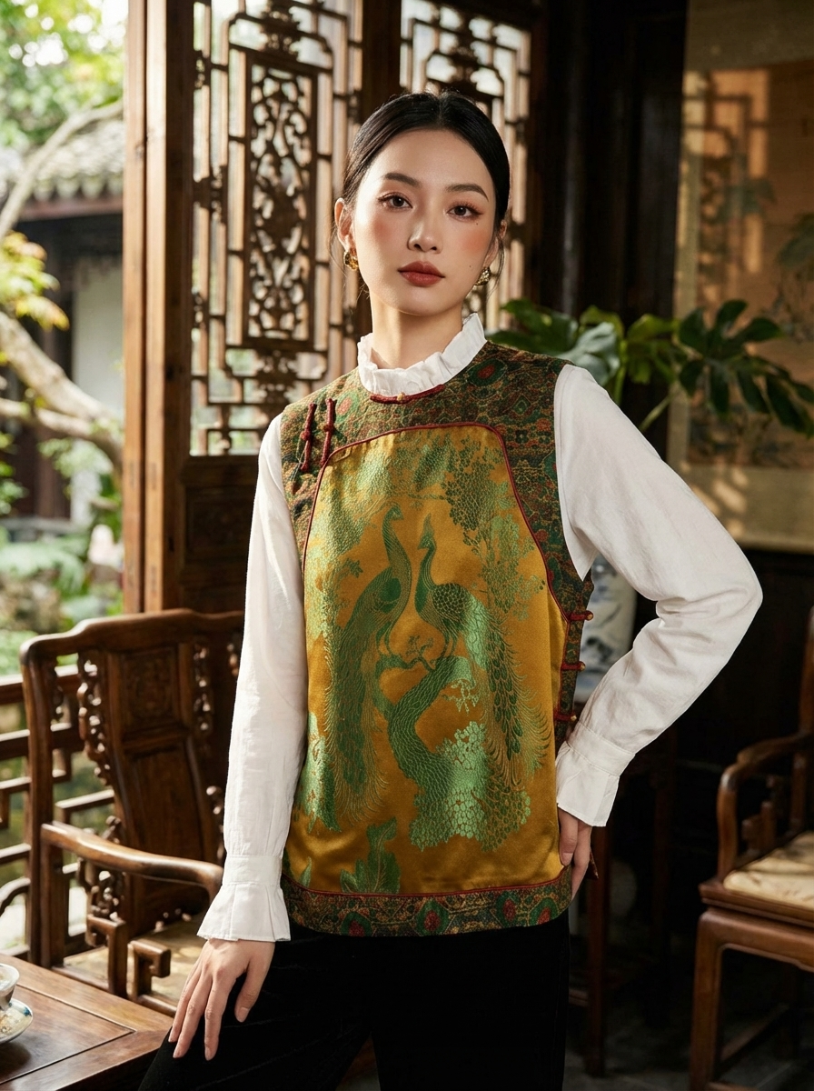 Green Peacock Embroidered Xiangyunsha Silk Vest | Luxury Modern Chinese Vest