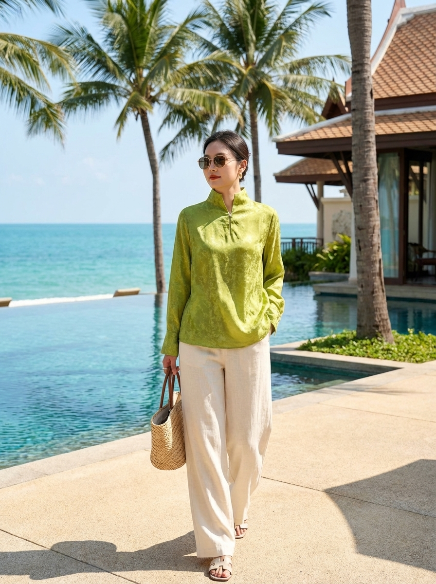 Green TENCEL™ Jacquard Long Sleeve Blouse | Minimalist Modern Chinese Style