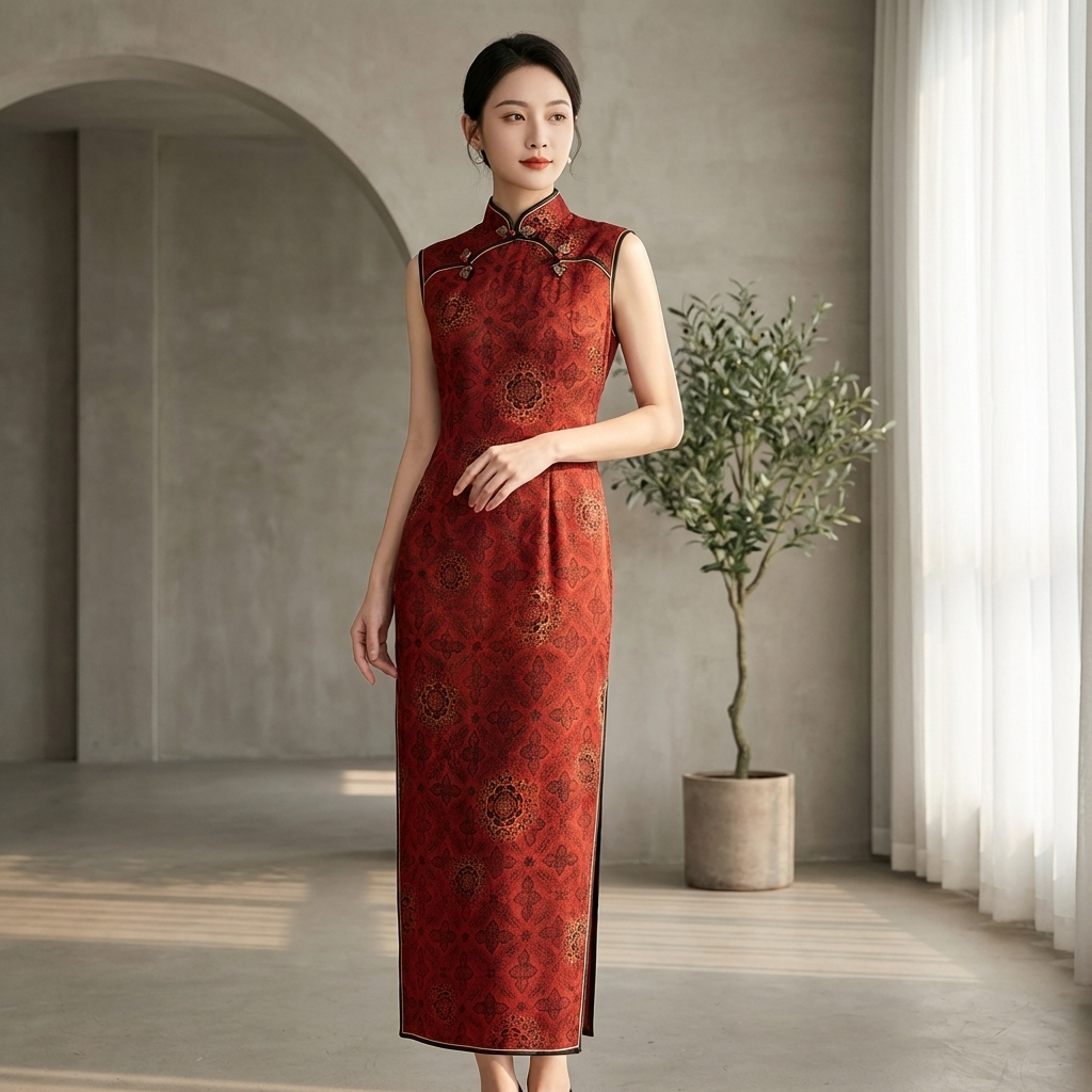 Red Mulberry Silk Xiangyunsha Baoxiang Floral Wedding Qipao-LUXE ORIENTA