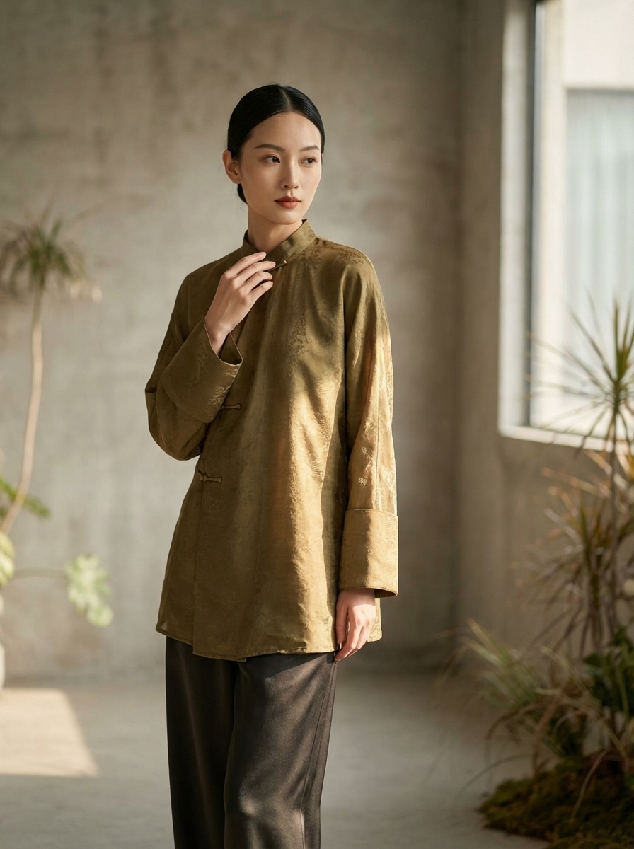 Green Mulberry Silk Jacquard Mandarin Collar Blouse | Modern Chinese Frog Button Shirt