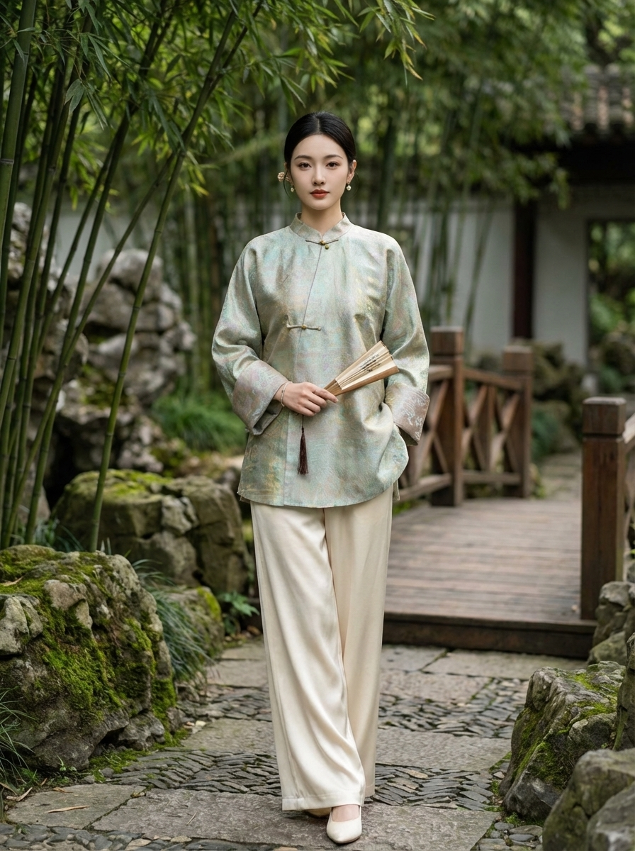 Blue Mulberry Silk Jacquard Frog Button Blouse with Auspicious Cloud Motif| Modern Chinese Silk Blouse