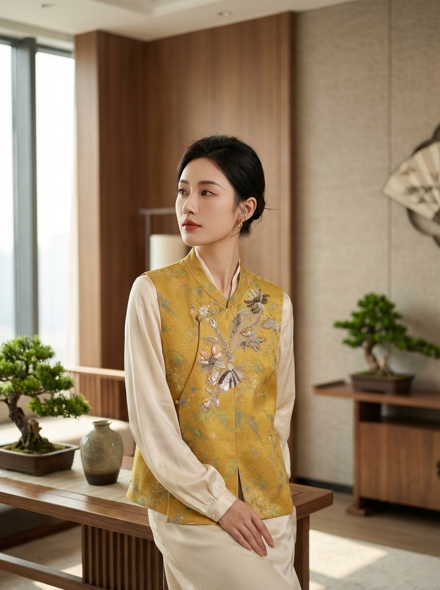 Yellow Beaded Embroidered Bamboo Vest | 100% Viscose Modern Chinese Elegance