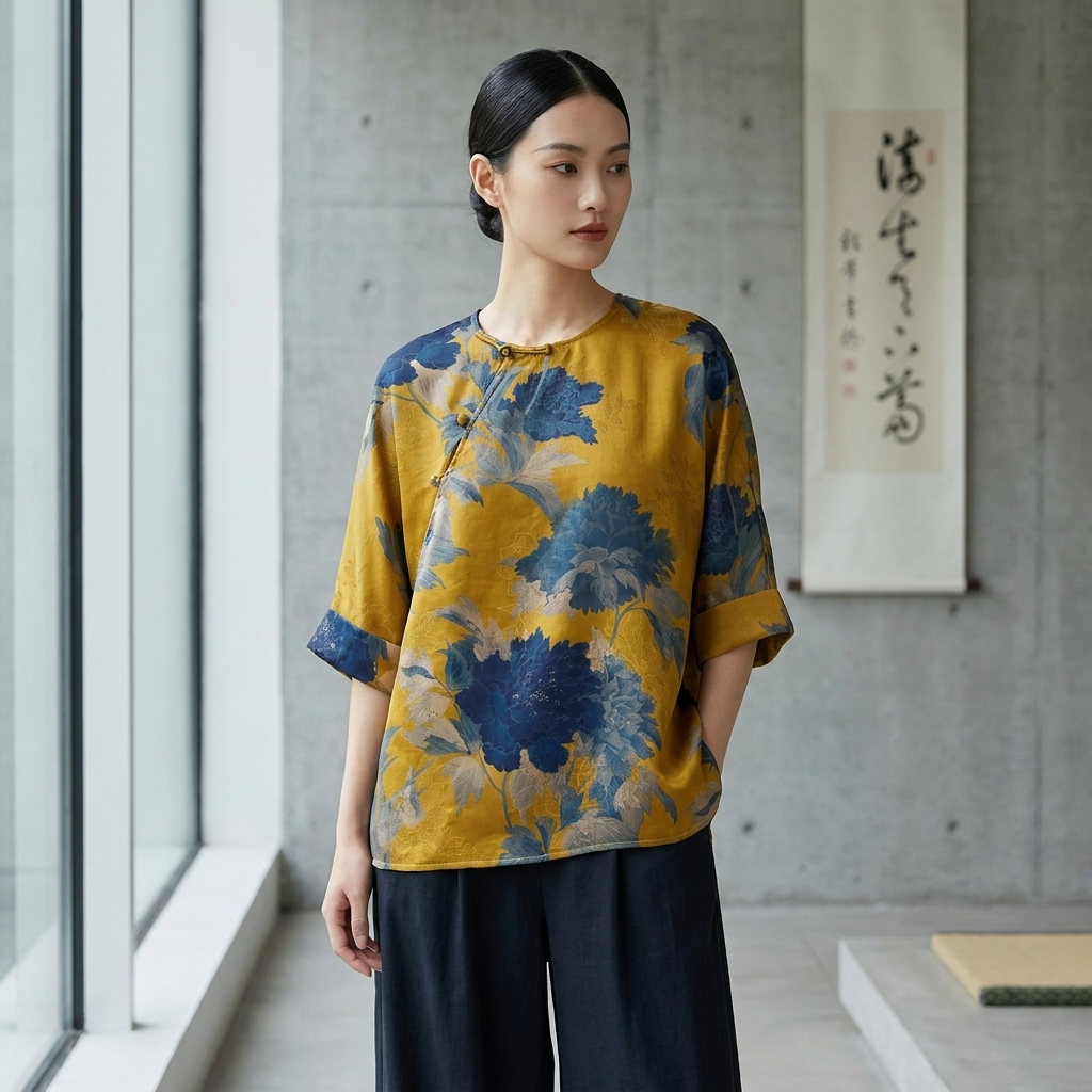 Yellow Peony Print Xiangyunsha Blouse-Luxe Orienta Modern Chinese Style Top