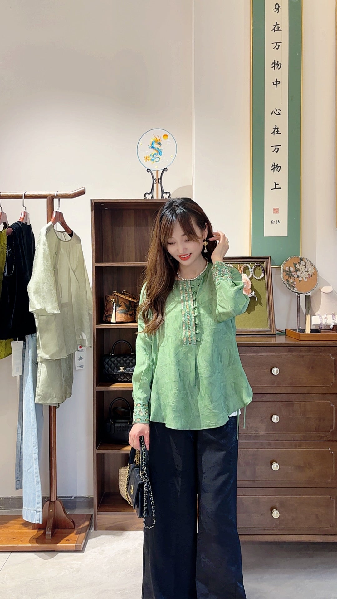 Green Silk Embroidered Blouse | Luxe Orienta Modern Chinese Top