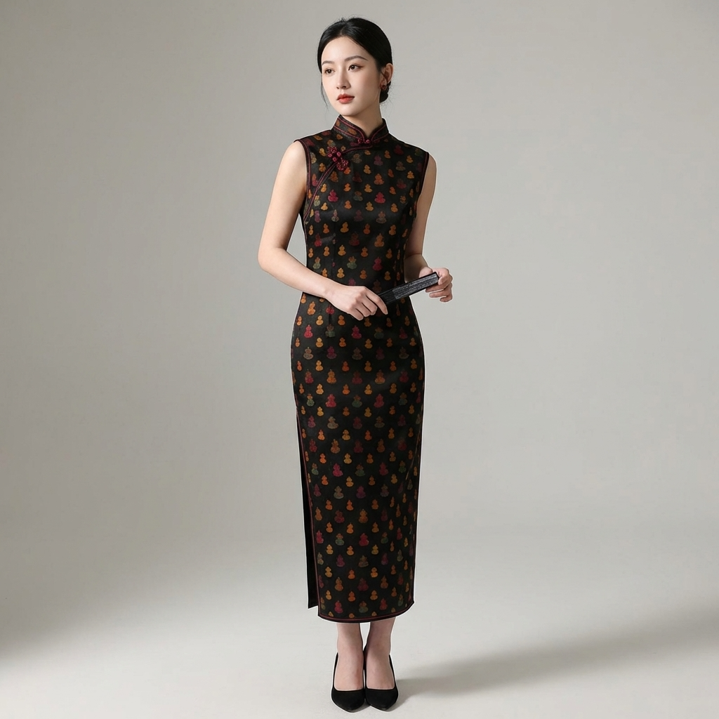 Black Mulberry Silk Xiangyunsha Qipao | Colorful Gourd Cheongsam Dress