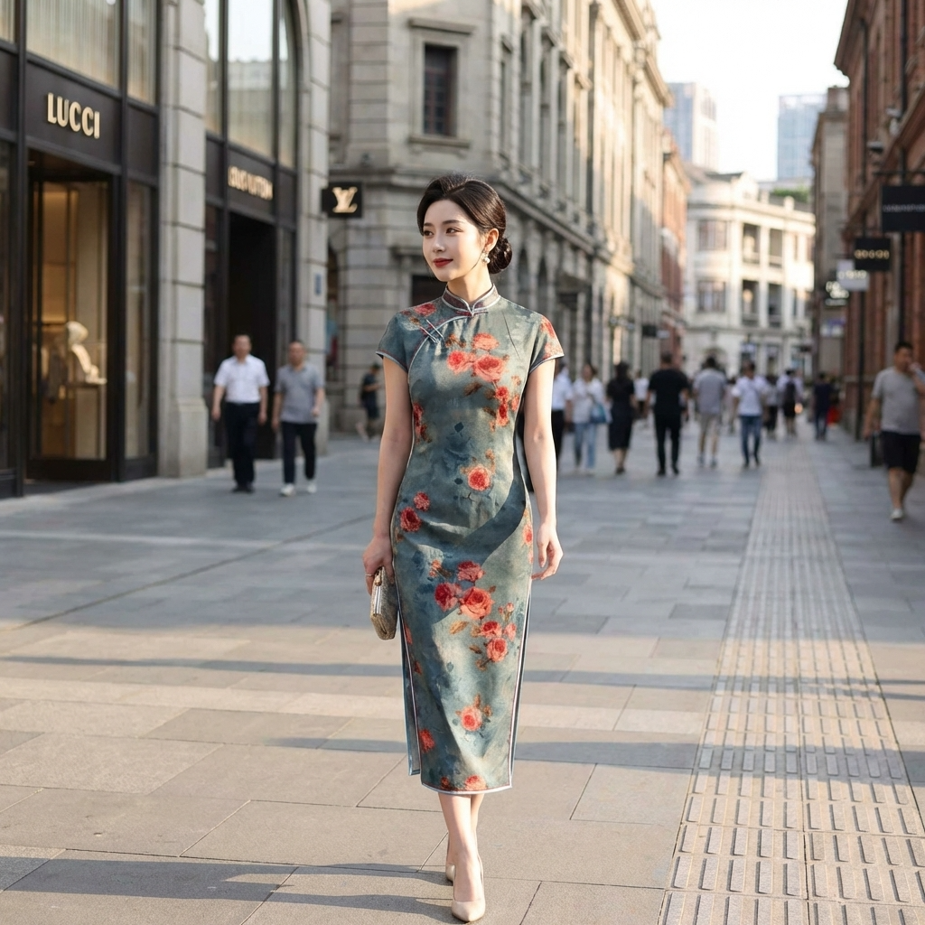 100% Mulberry Silk Xiangyunsha Dusty Blue Red Rose Short Sleeve Qipao Dress | LUXE ORIENTA