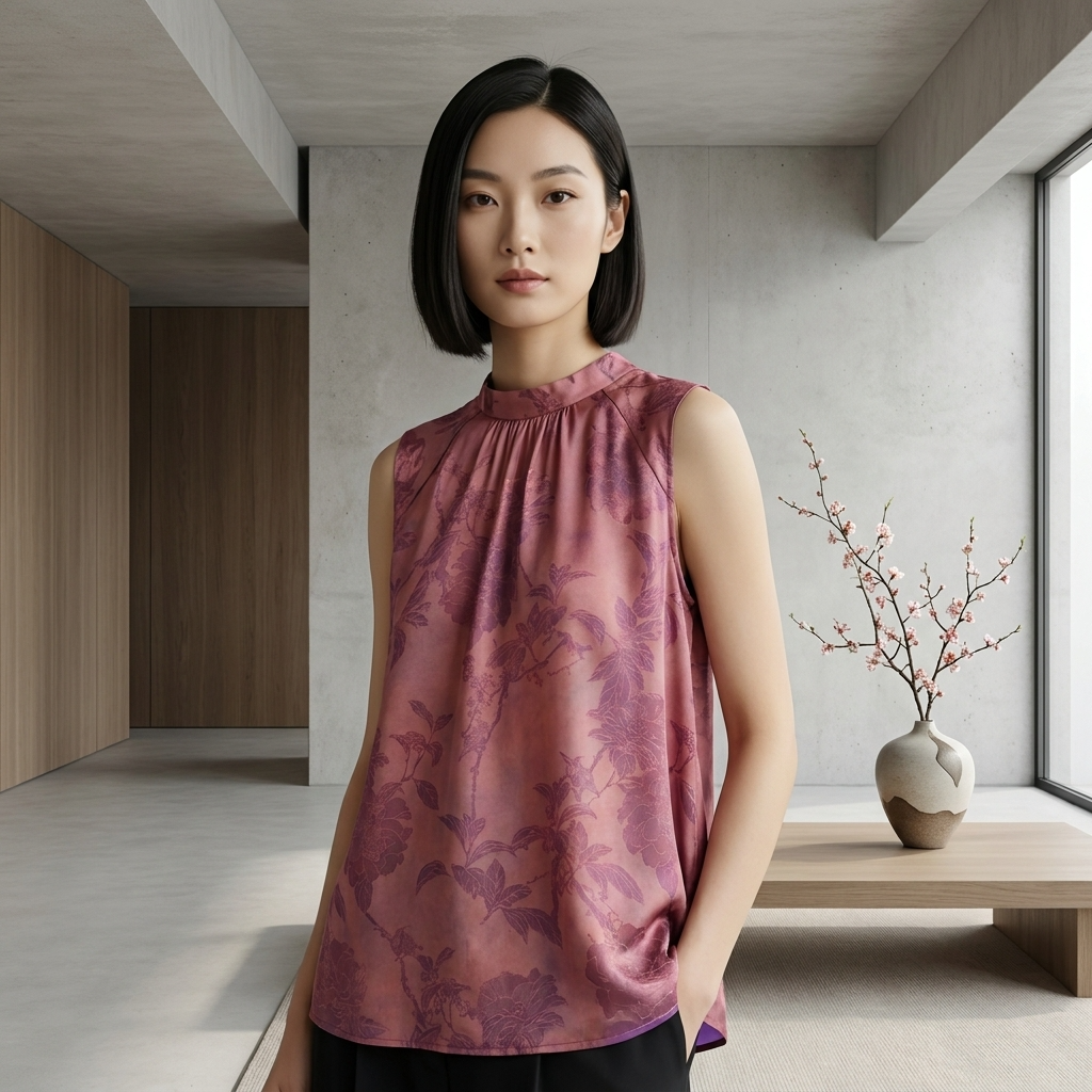 Muted Pink Floral Jacquard Sleeveless Blouse  | Luxe Orienta Modern Chinese Fashion