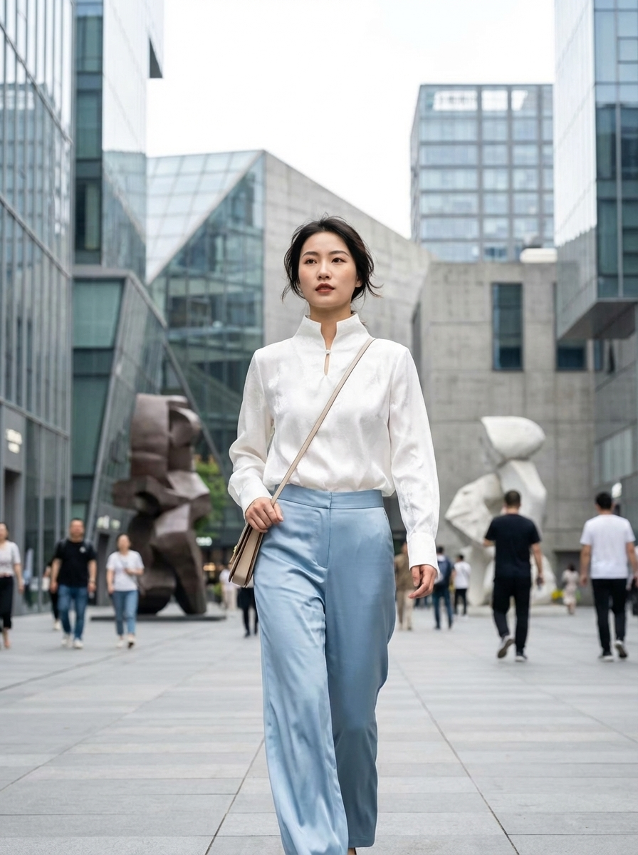 White Bamboo Jacquard Rayon Blouse with Pearl Button | Modern Chinese Stand Collar Shirt