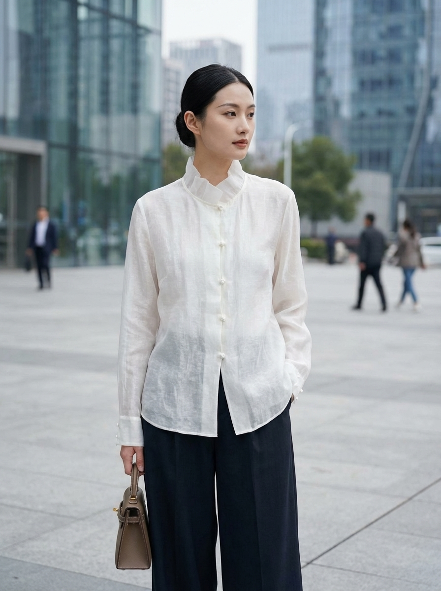 White Cloud Texture Double-Layer Blouse with Ruffle Stand Collar | Modern Chinese Style Shirt