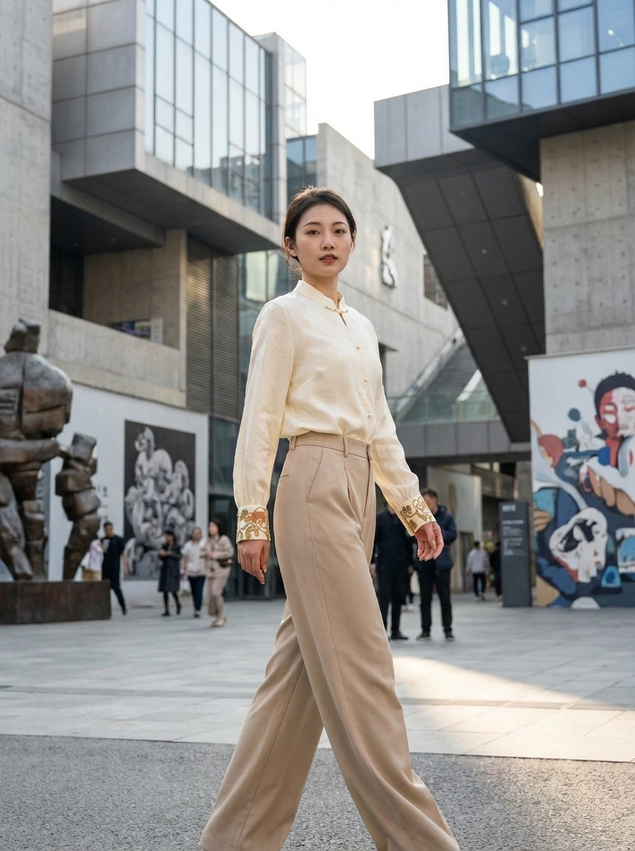 White Jacquard Stand Collar Rayon Blouse with Embroidered Cuffs | Modern Chinese Style Shirt