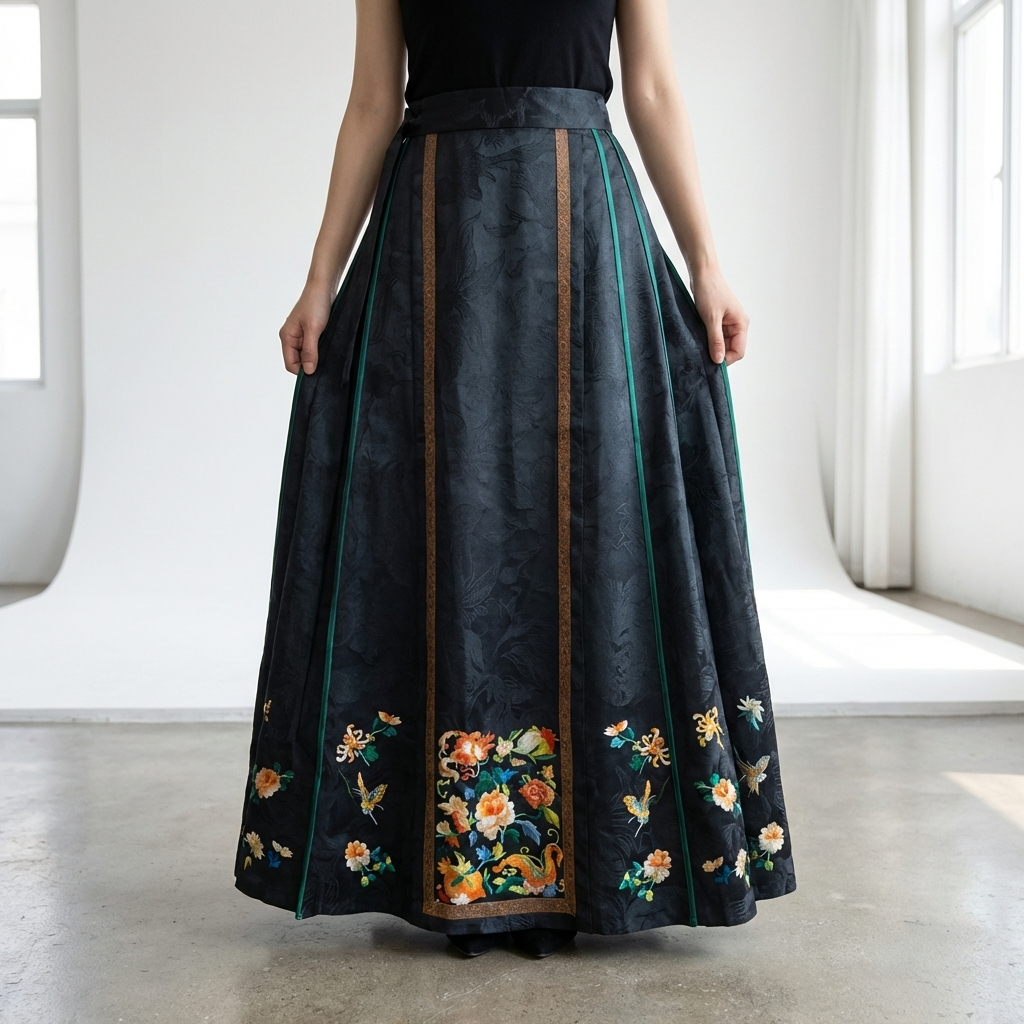 Luxury Ink Black Floral Jacquard Mulberry Silk Xiangyunsha Skirt -New Chinese Style Mamian Qun Dress