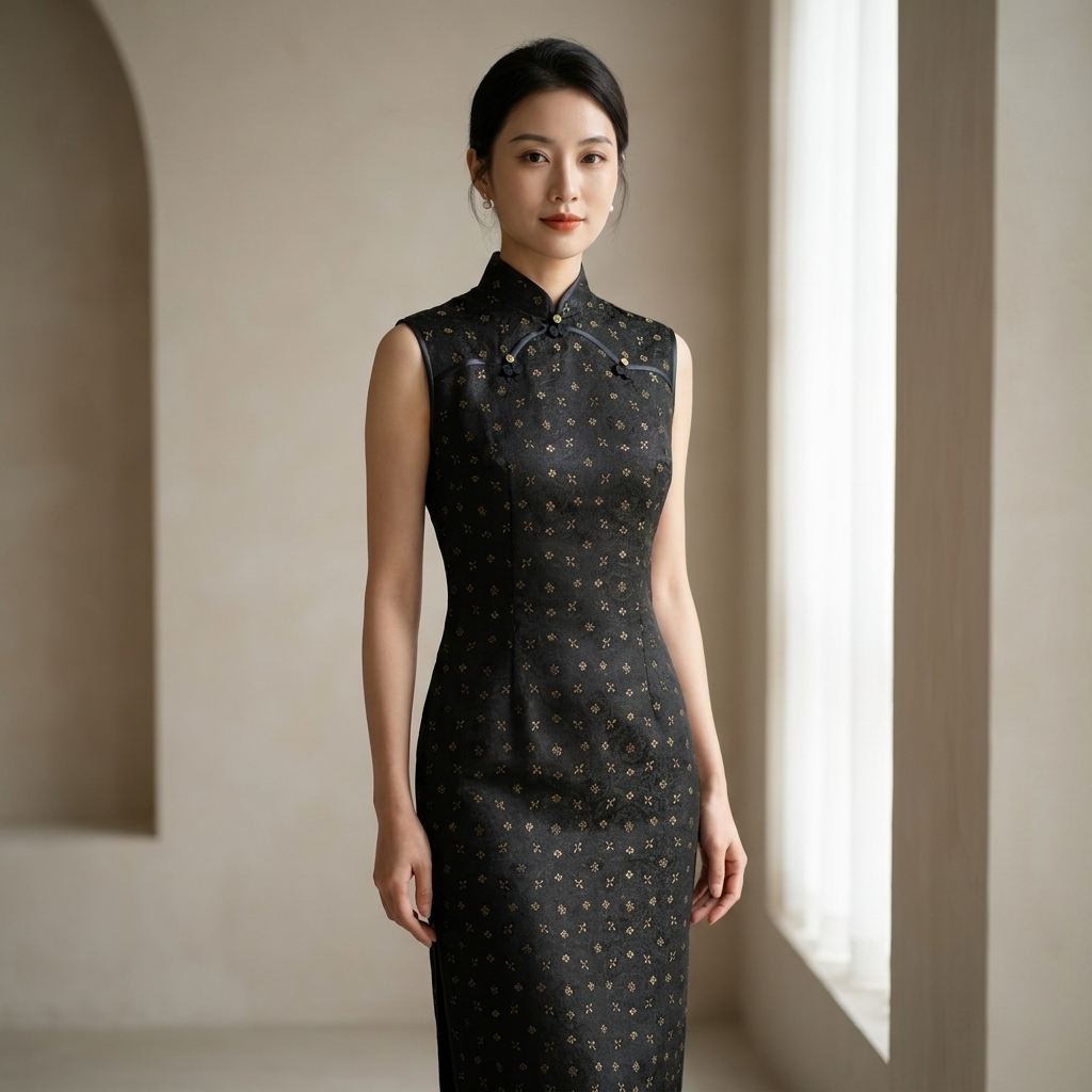 Black Gold Jacquard Xiangyunsha Qipao | Elegant Mulberry Silk Chinese Cheongsam Dress
