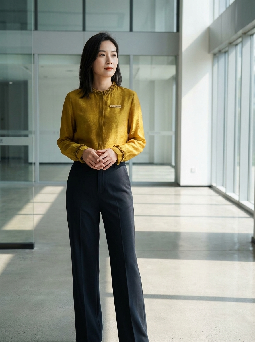 Golden Jacquard Rayon Ruffle Collar Blouse | Modern Chinese Style Shirt