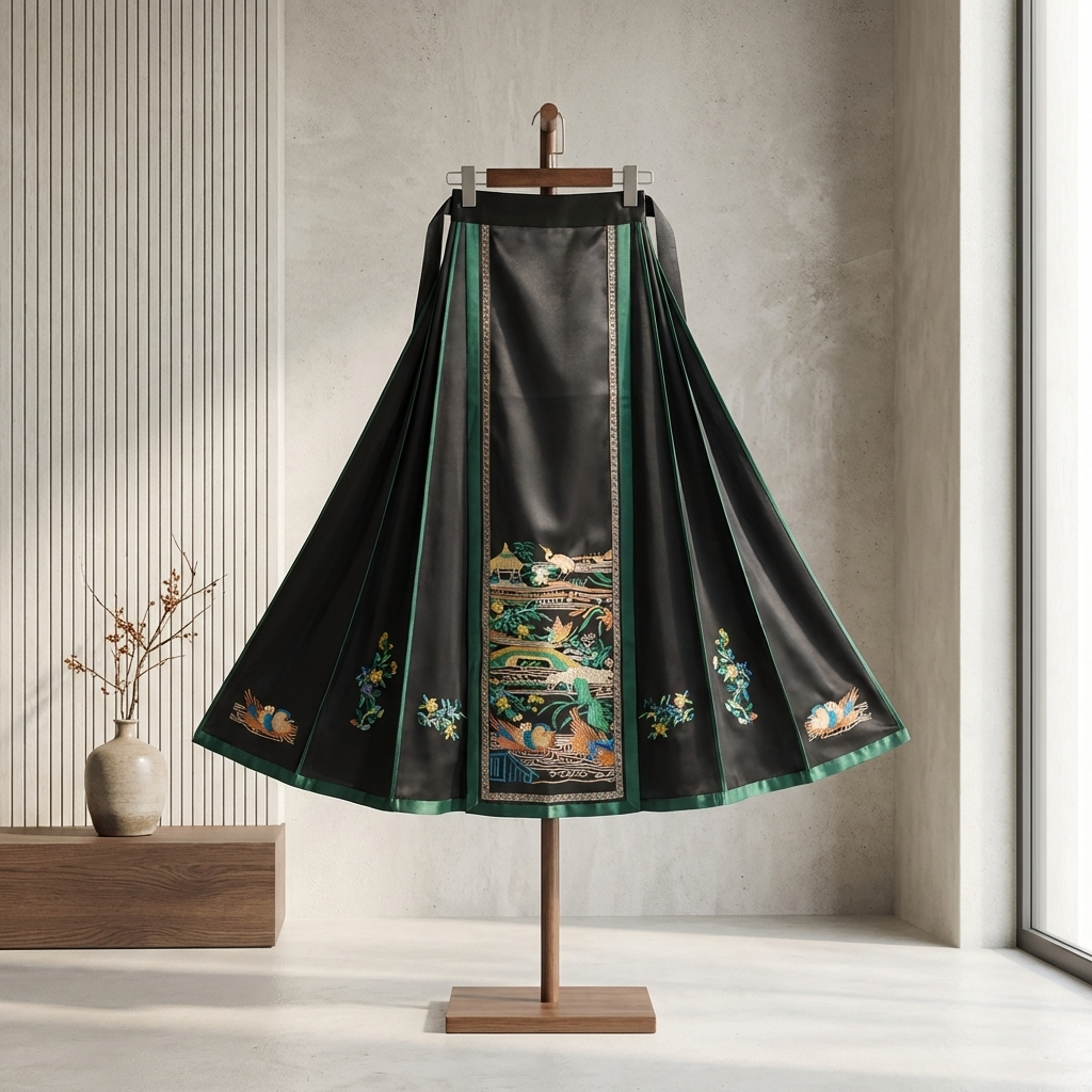 Black Hand Embroidery Floral &Pavilion Xiangyunsha Silk Ma Mian Qun | Luxury Mulberry Silk Mamian Skirt