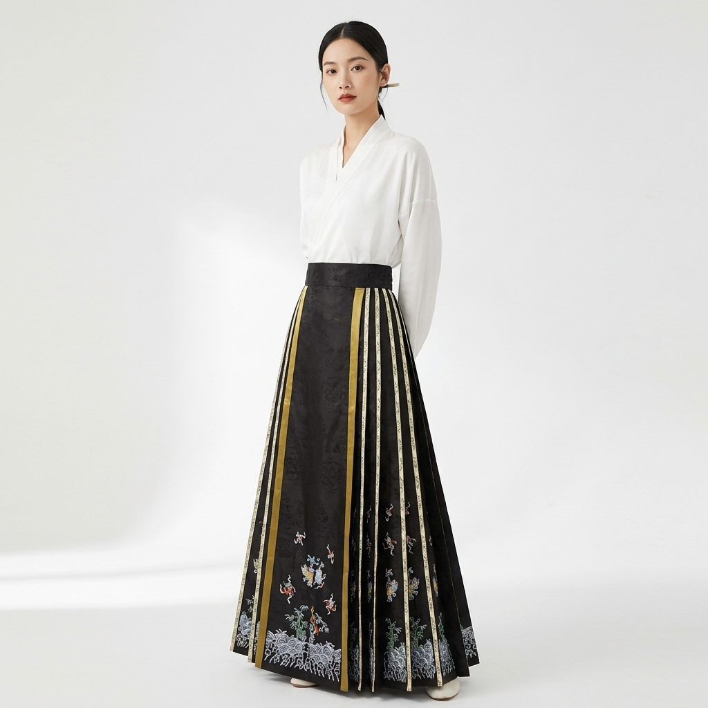 Luxury Black Sea Wave Embroidery Xiangyunsha Silk Mamian Skirt | Modern Chinese Style Skirt