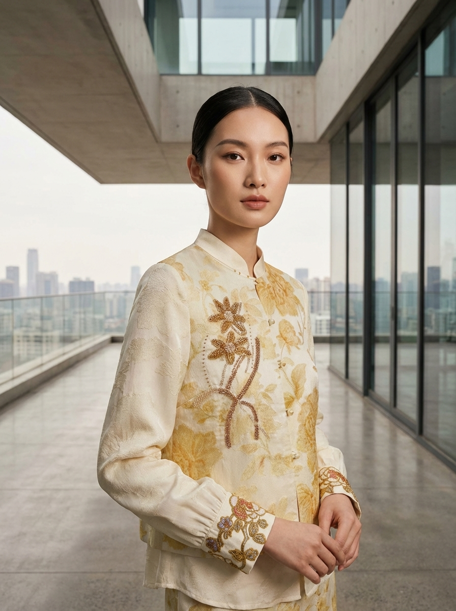 Light Yellow Jacquard Beaded Embroidered Vest | Peony Modern Chinese Style Waistcoat