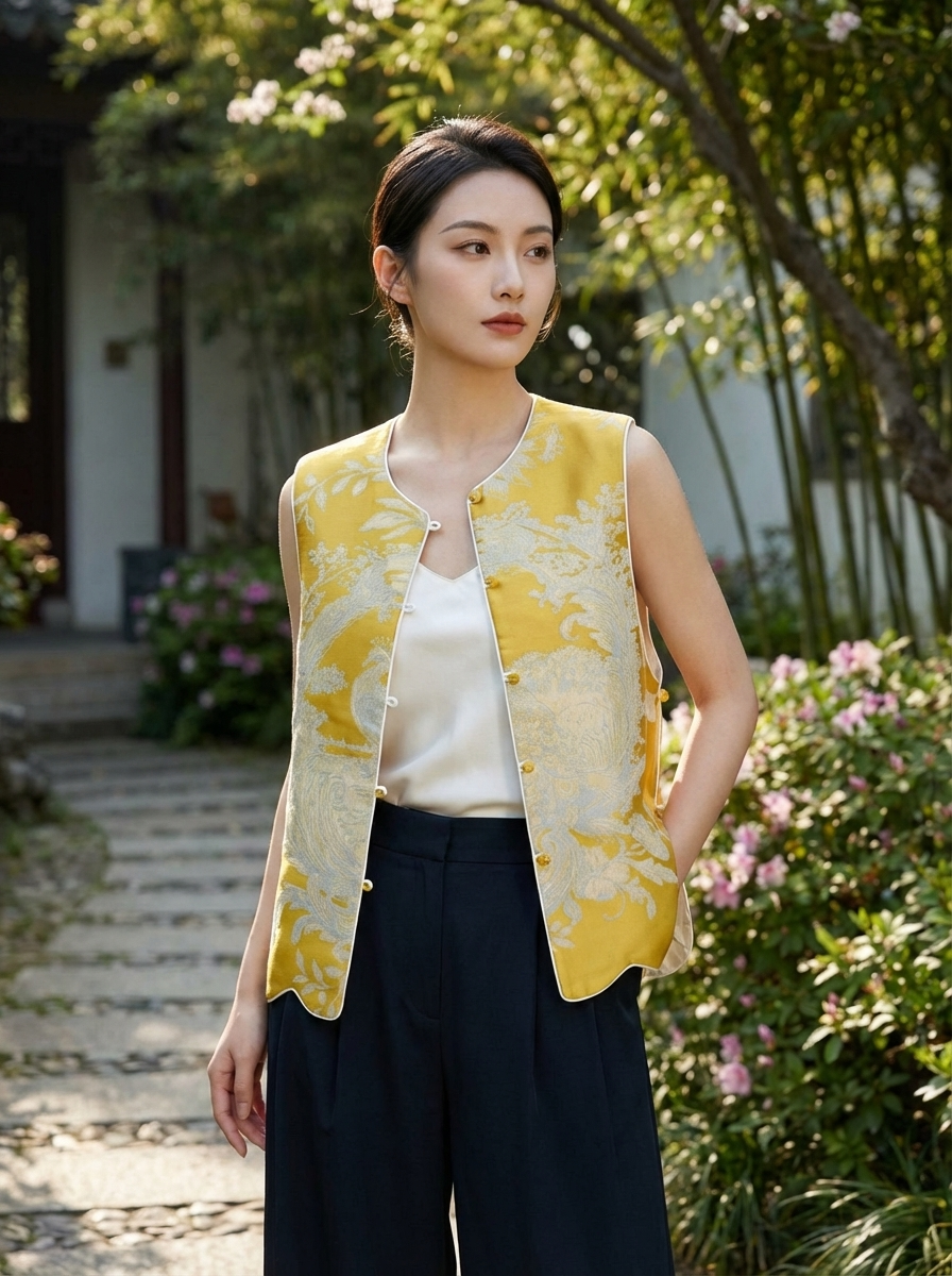Yellow Reversible Phoenix Jacquard Vest – Modern Chinese Waistcoat