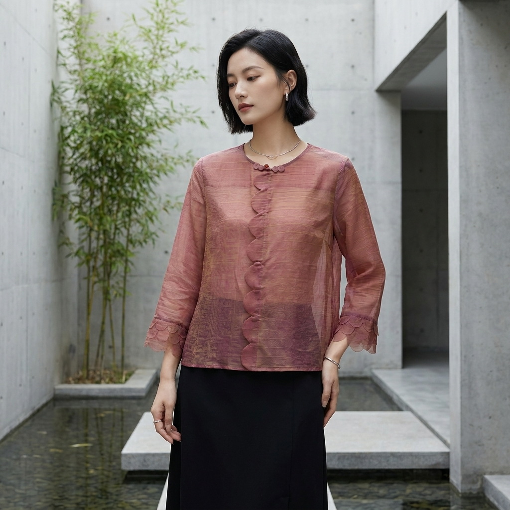 Pink Mulberry Silk Jacquard Blouse with Frog Buttons | Modern Chinese Top