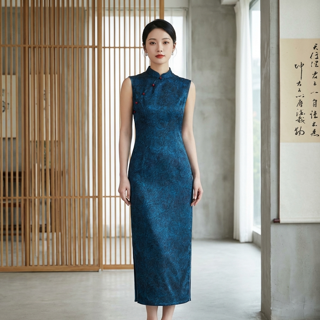 Blue Rose Jacquard Xiangyunsha Sleeveless Qipao | Elegant Chinese Mulberry Silk Cheongsam Dress