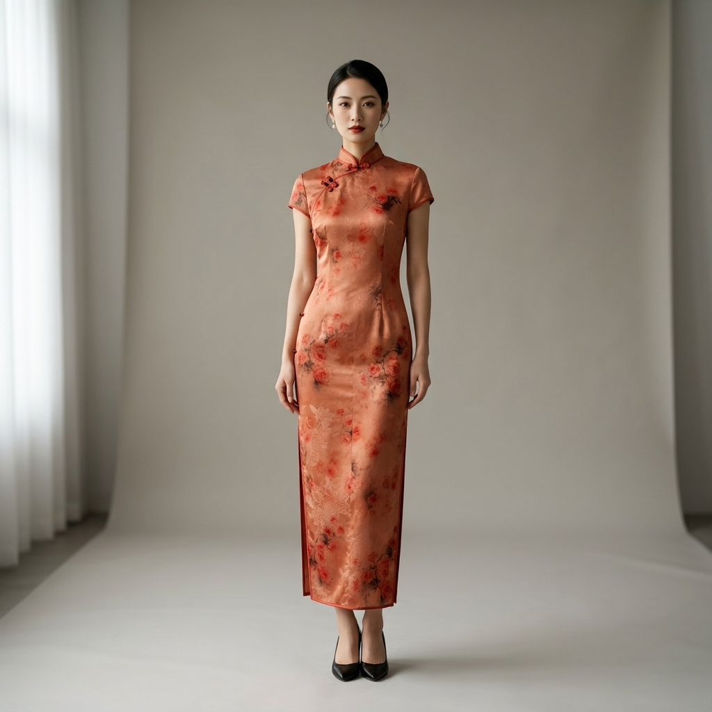 100% Mulberry Silk Xiangyunsha Rust Red Floral Print Short Sleeve Qipao Dress | LUXE ORIENTA