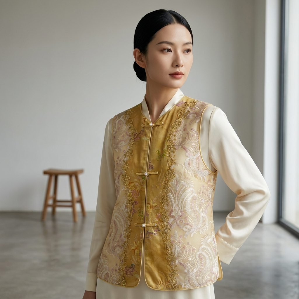 Gradient Gold Floral Jacquard Rayon Vest with Beaded Embroidered -Luxe Orienta Modern Chinese Fashion