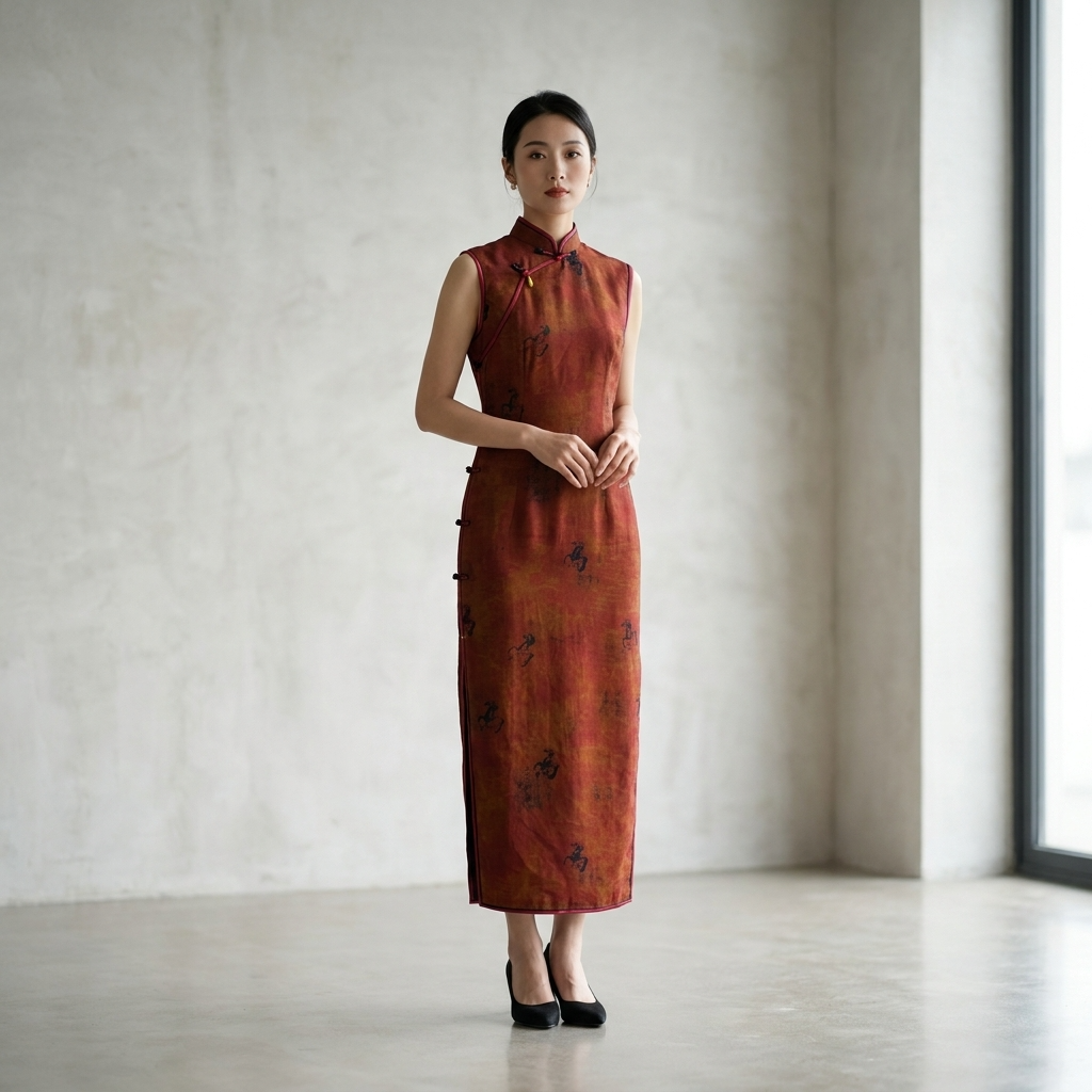 100% Mulberry Silk Xiangyunsha Rust Calligraphy Sleeveless Qipao Dress | LUXE ORIENTA