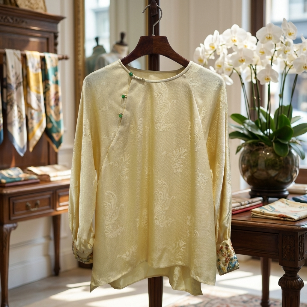Beige Apricot Silk Phoenix Jacquard Oriental Blouse with Frog Buttons | 100% Mulberry Silk Top for Mamian Skirt Styling
