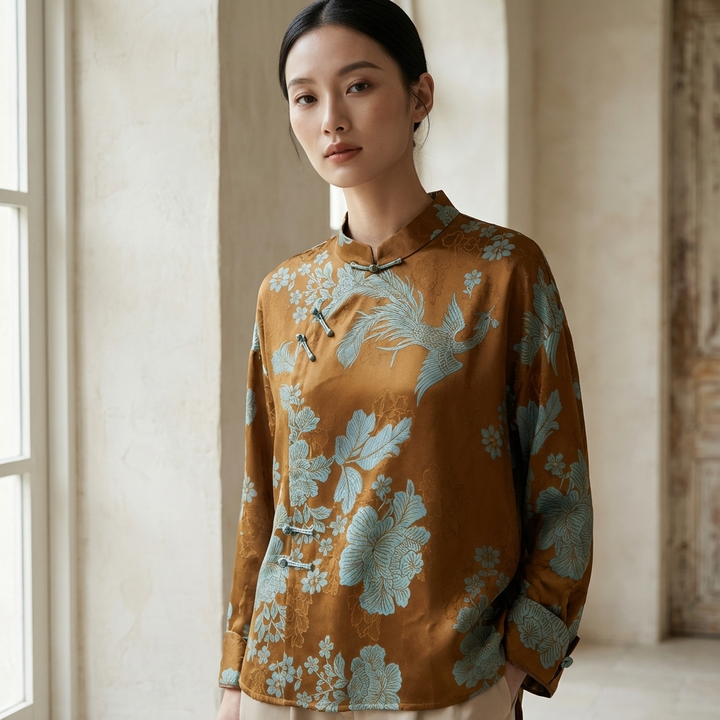 Brown Phoenix Xiangyunsha Silk Blouse – Luxury Modern Chinese Phoenix Blouse