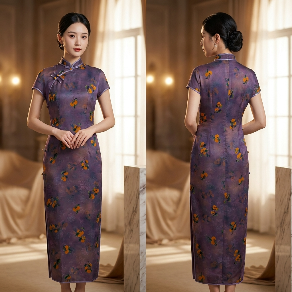 100% Mulberry Silk Xiangyunsha Purple Persimmon Print Short Sleeve Qipao Dress | LUXE ORIENTA