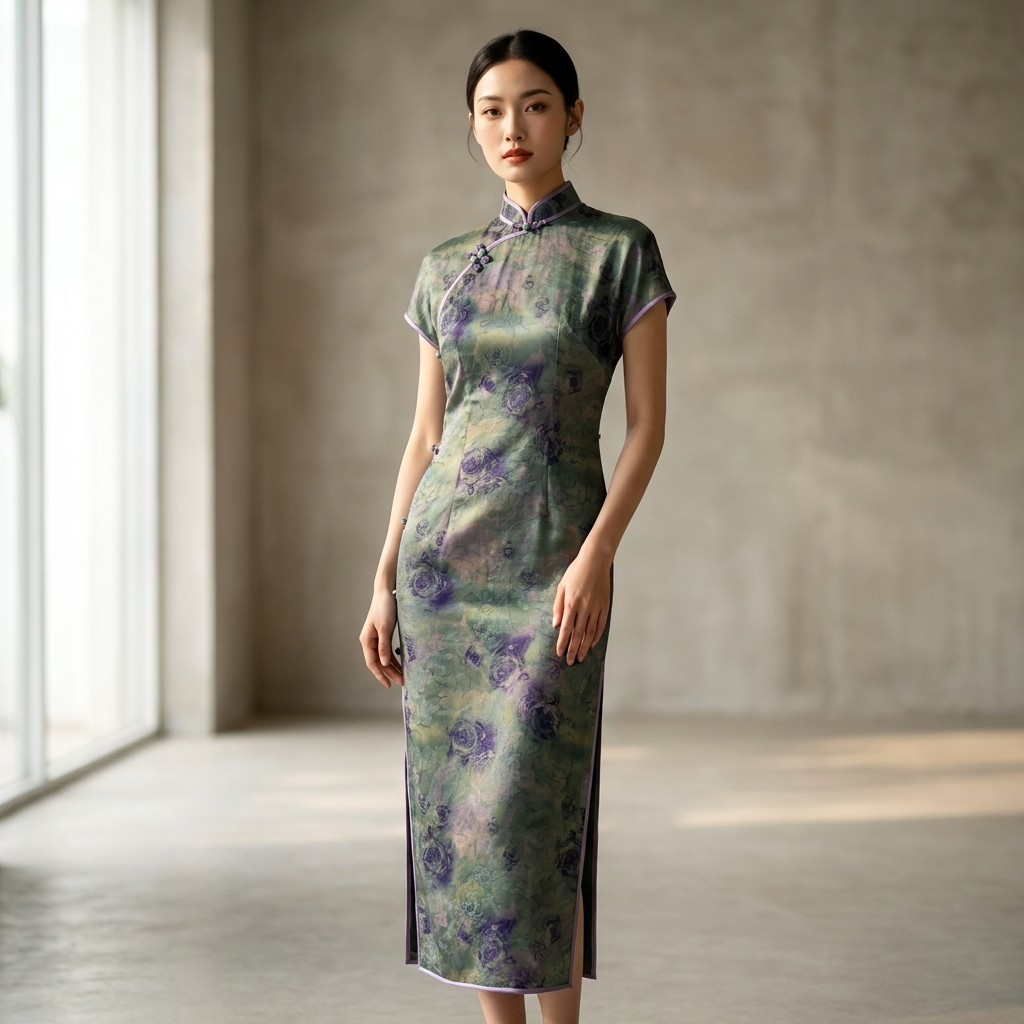 100% Mulberry Silk Xiangyunsha Dark Green Purple Rose Short Sleeve Qipao Dress | LUXE ORIENTA